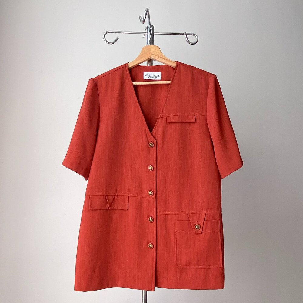 🍂 90s Vintage Orange Boxy Blazer Asymmetrical Pocket & Jewelry Buttons
